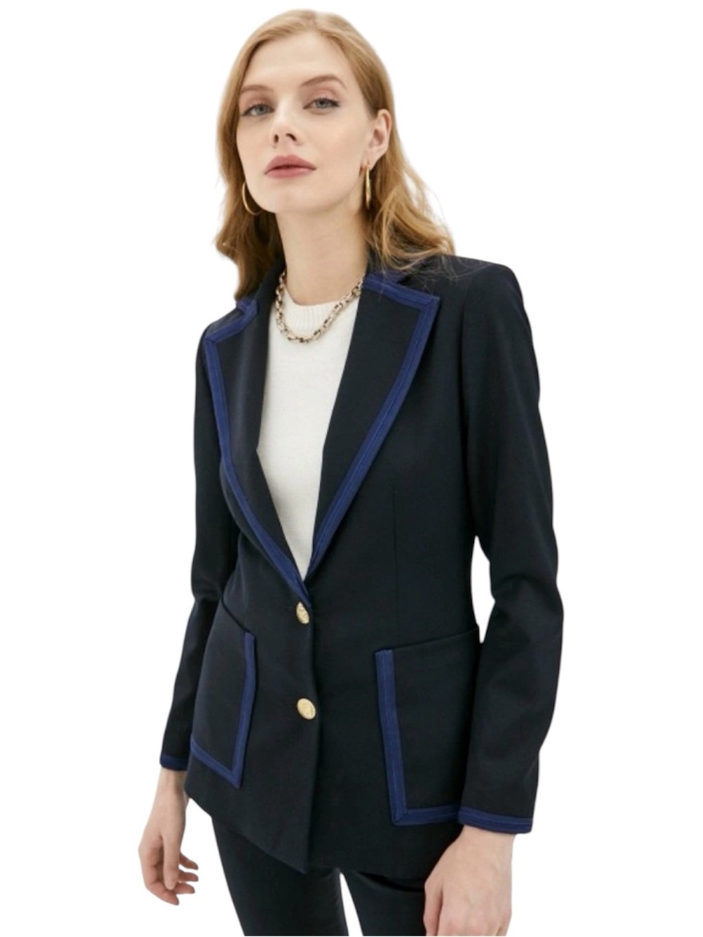 Sandro Paris Navy Blue Contrast Trim Gold Button Tailored Blazer Size 34
